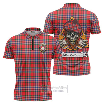 MacFarlane (McFarlane) Tartan Zipper Polo Shirt with Family Crest and Bearded Skull Holding Bottles of Whiskey