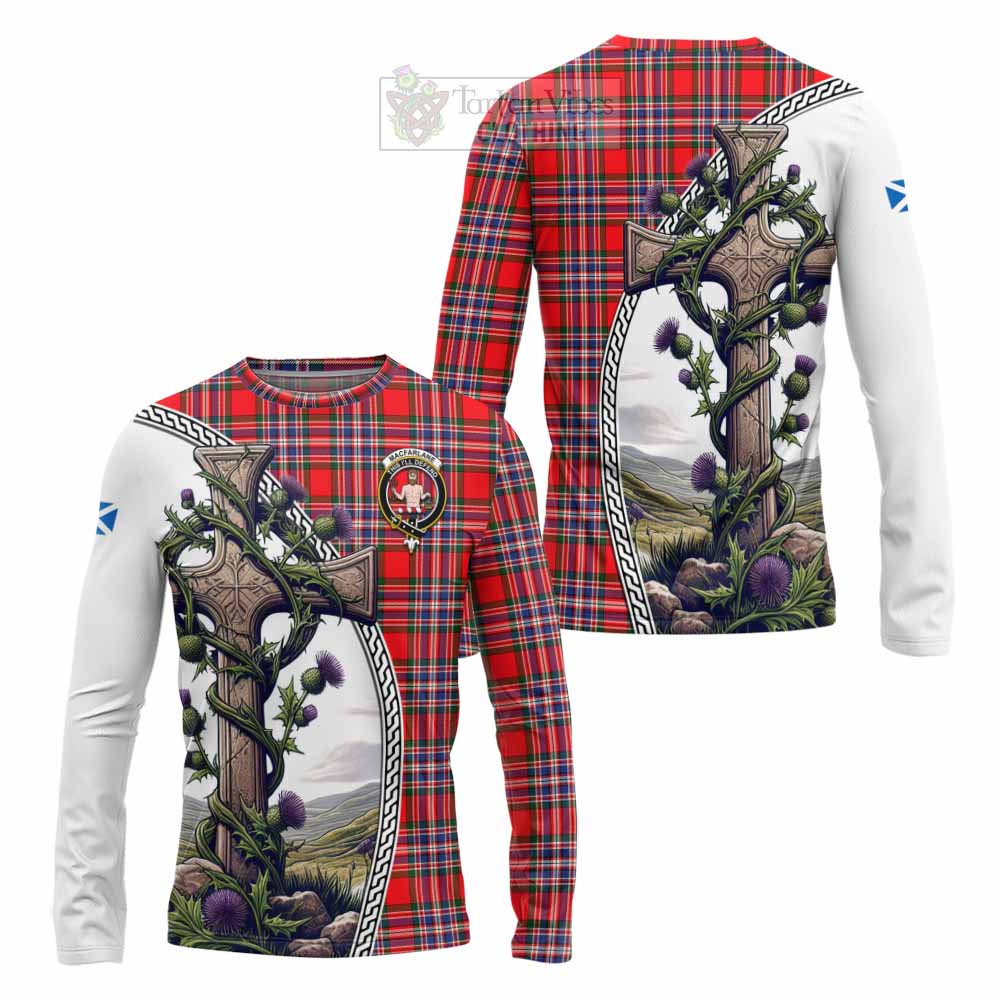 Tartan Vibes Clothing MacFarlane (McFarlane) Tartan Long Sleeve T-Shirt with Family Crest and St. Andrew's Cross Accented by Thistle Vines