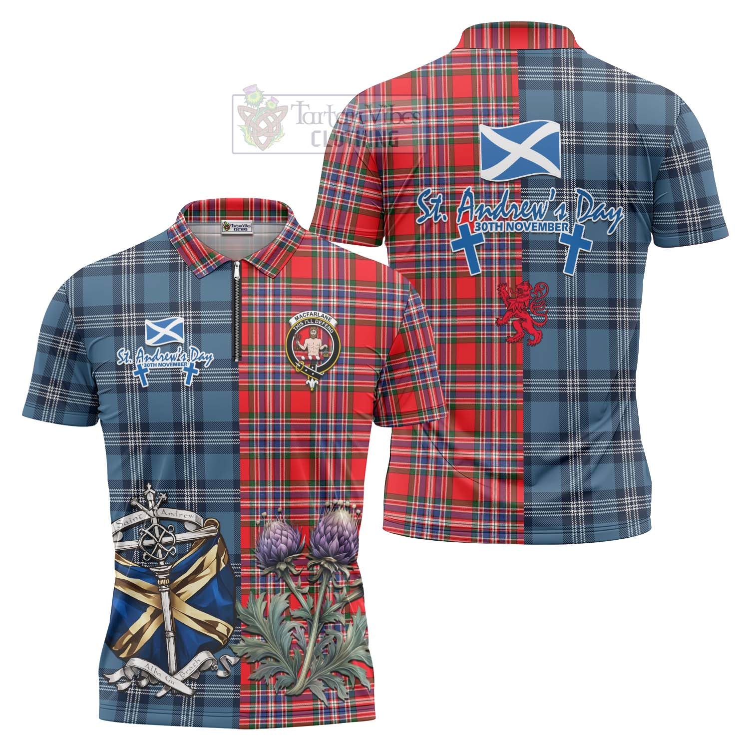 Tartan Vibes Clothing MacFarlane (McFarlane) Tartan Zipper Polo Shirt Happy St. Andrew's Day Half Tartan Style