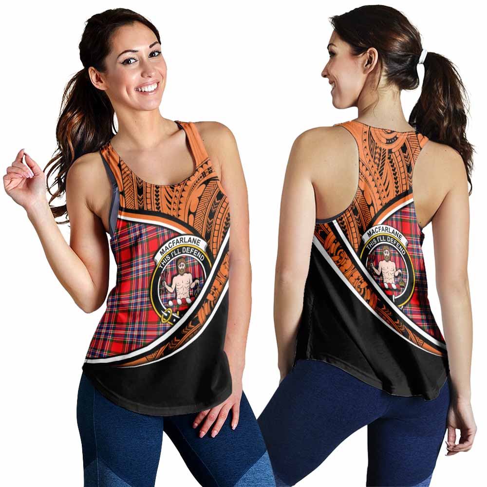 Tartan Vibes Clothing MacFarlane (McFarlane) Crest Tartan Women's Racerback Tanks with Maori Tattoo Style - Orange Version