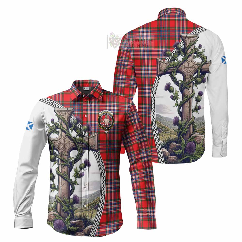 Tartan Vibes Clothing MacFarlane (McFarlane) Tartan Long Sleeve Button Shirt with Family Crest and St. Andrew's Cross Accented by Thistle Vines