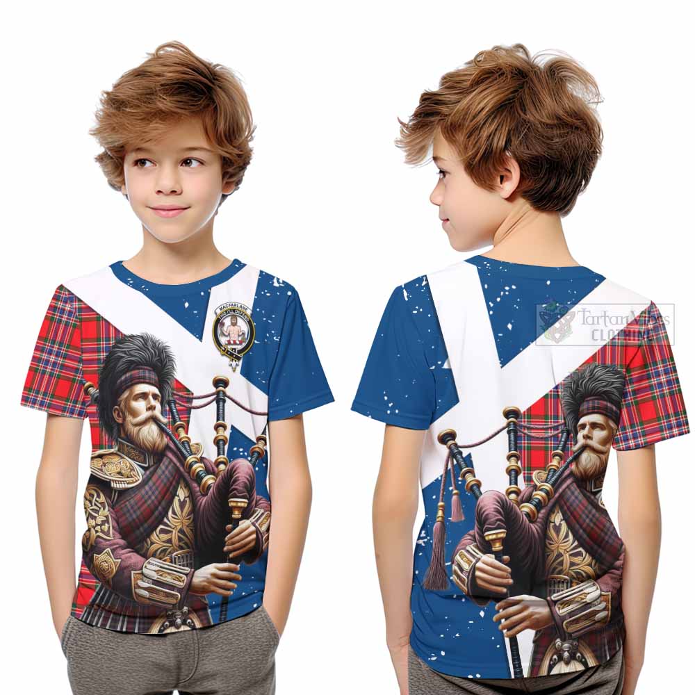 Tartan Vibes Clothing MacFarlane (McFarlane) Tartan Kid T-Shirt with Family Crest Scottish Bagpiper Vibes