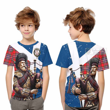 MacFarlane (McFarlane) Tartan Kid T-Shirt with Family Crest Scottish Bagpiper Vibes