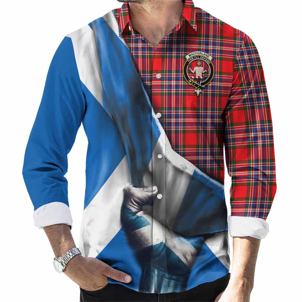 Tartan Vibes Clothing MacFarlane (McFarlane) Tartan Long Sleeve Button Shirt with Family Crest Scotland Patriotic Style