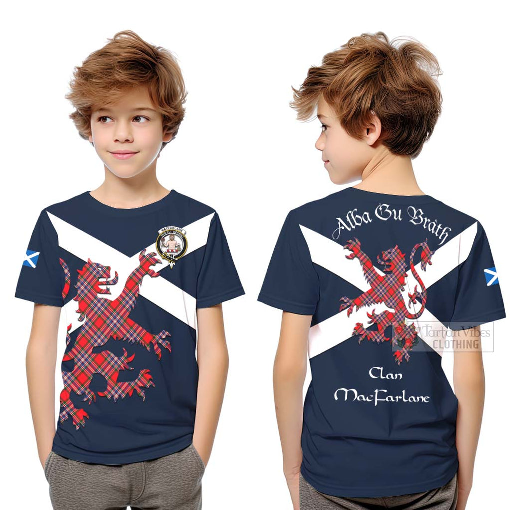 Tartan Vibes Clothing MacFarlane (McFarlane) Tartan Lion Rampant Kid T-Shirt – Proudly Display Your Heritage with Alba Gu Brath and Clan Name