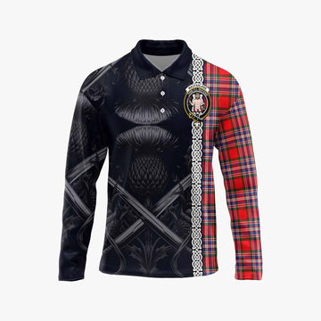 MacFarlane (McFarlane) Tartan Long Sleeve Polo Shirt with Family Crest Cross Sword Thistle Celtic Vibes