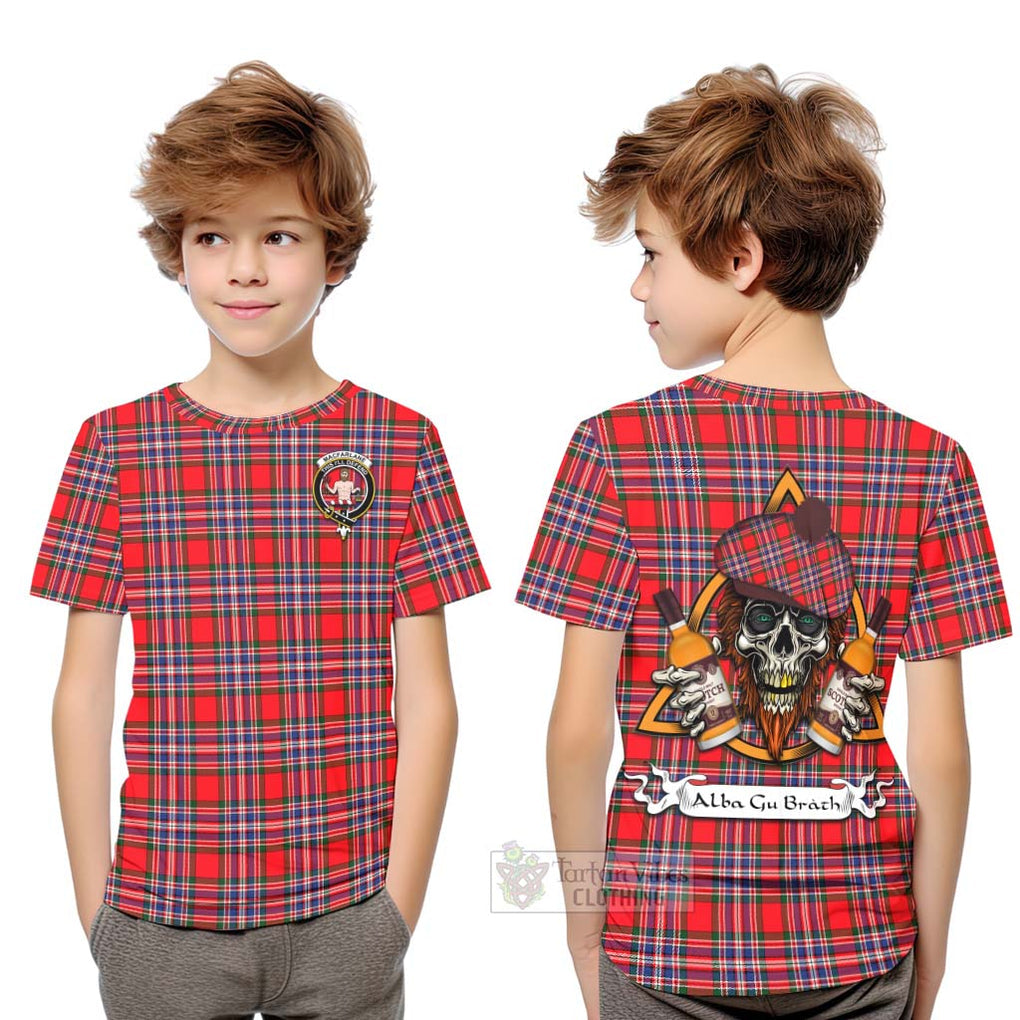 Tartan Vibes Clothing MacFarlane (McFarlane) Tartan Kid T-Shirt with Family Crest and Bearded Skull Holding Bottles of Whiskey