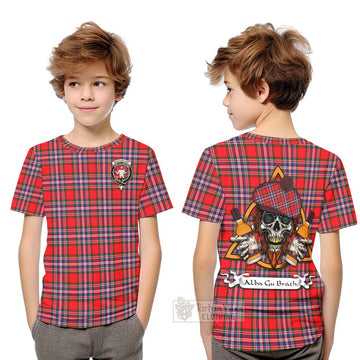 MacFarlane (McFarlane) Tartan Kid T-Shirt with Family Crest and Bearded Skull Holding Bottles of Whiskey