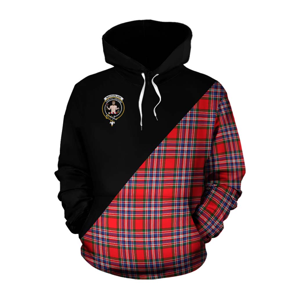 Tartan Vibes Clothing MacFarlane (McFarlane) Tartan Cotton Hoodie with Family Crest and Military Logo Style