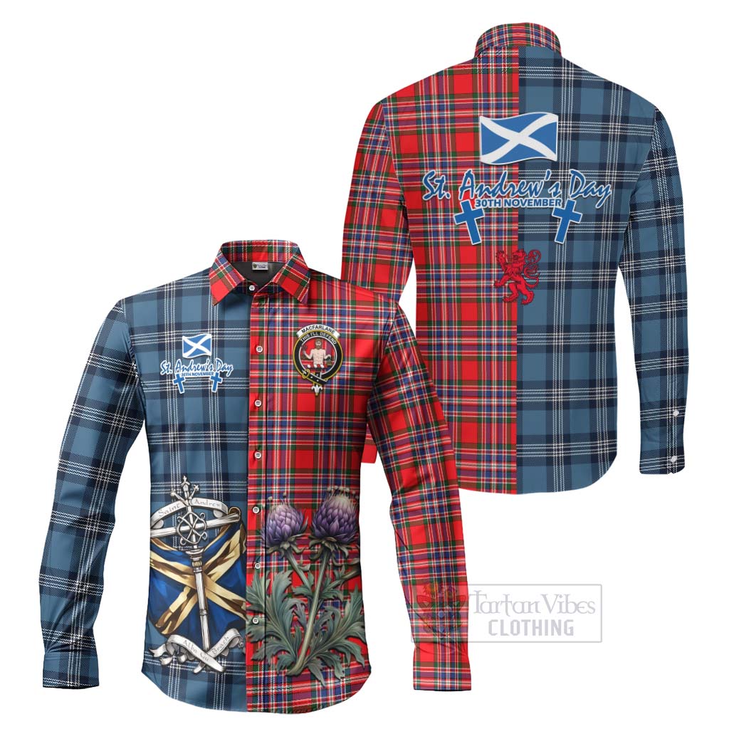 Tartan Vibes Clothing MacFarlane (McFarlane) Tartan Long Sleeve Button Shirt Happy St. Andrew's Day Half Tartan Style