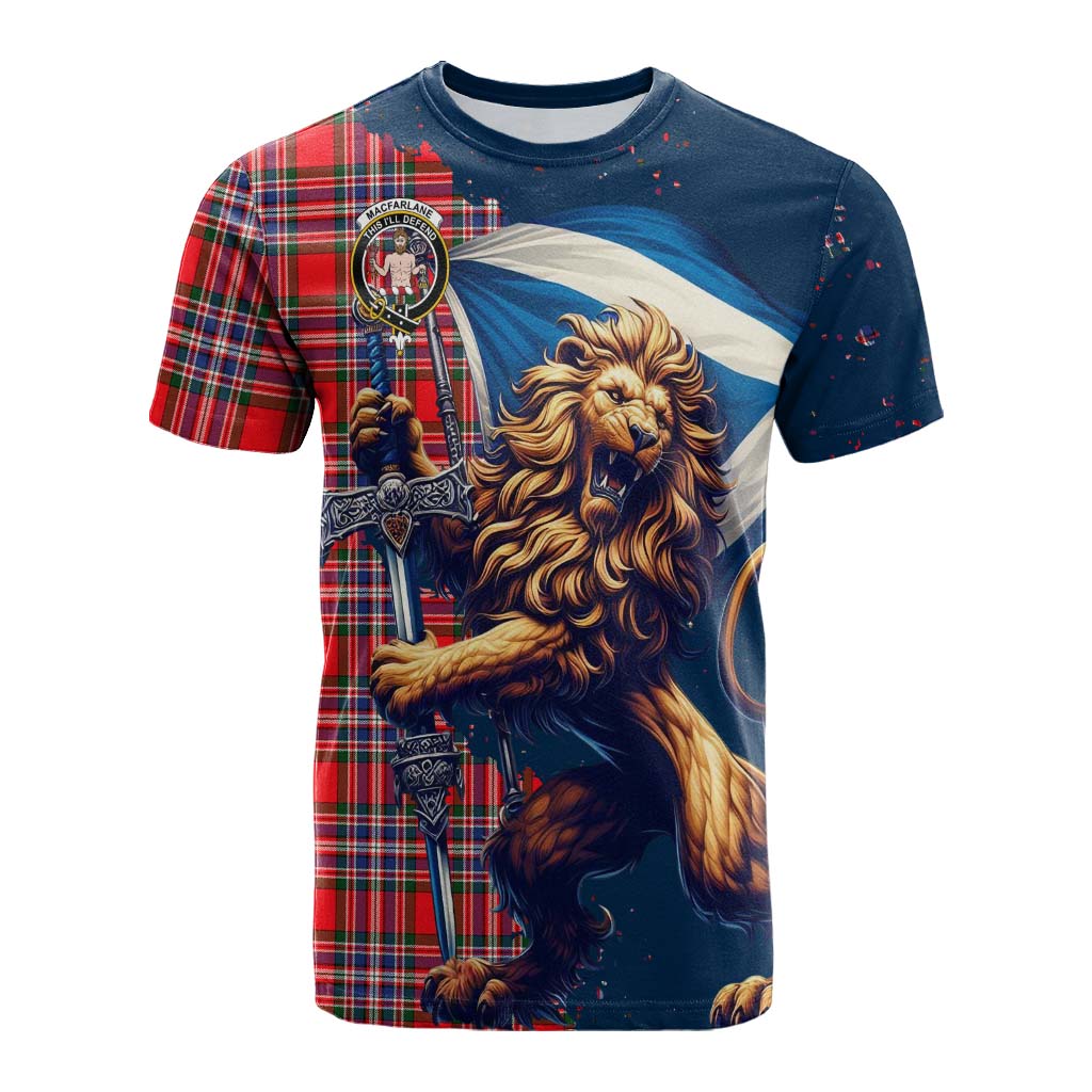 Tartan Vibes Clothing MacFarlane (McFarlane) Tartan Family Crest Cotton T-shirt with Scottish Majestic Lion