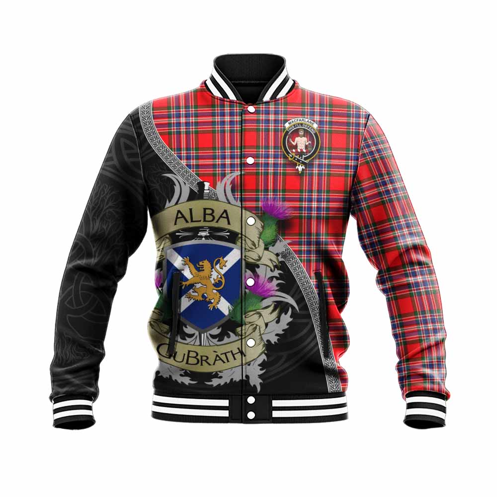 MacFarlane (McFarlane) Tartan Family Crest Baseball Jacket Lion Rampant Royal Thistle Shield Celtic Inspired Unisex - Tartan Vibes Clothing