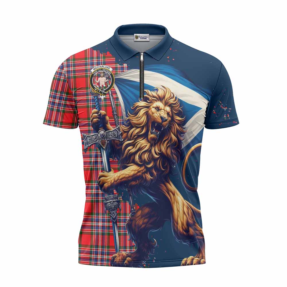 Tartan Vibes Clothing MacFarlane (McFarlane) Tartan Family Crest Zipper Polo Shirt with Scottish Majestic Lion