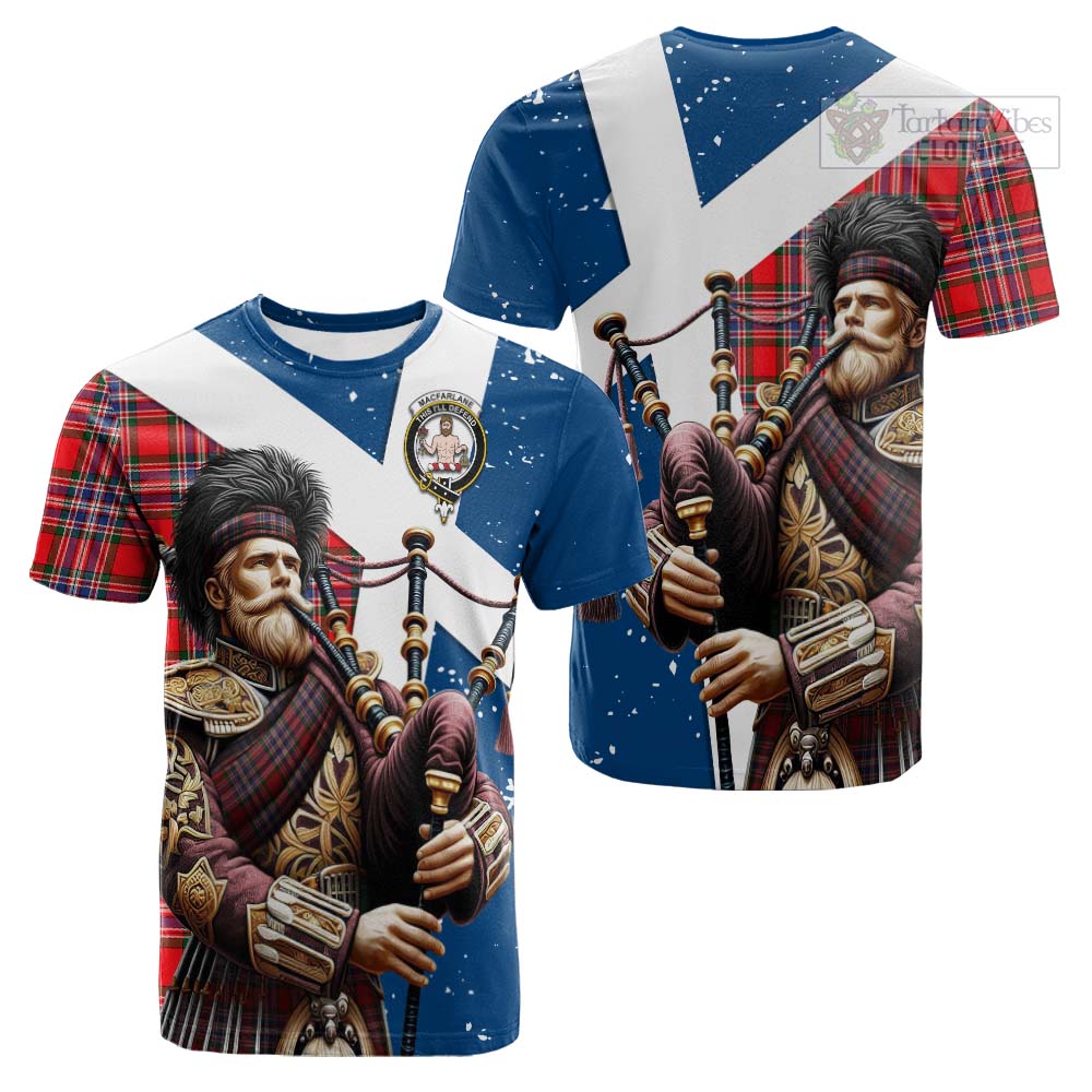 Tartan Vibes Clothing MacFarlane (McFarlane) Tartan Cotton T-shirt with Family Crest Scottish Bagpiper Vibes