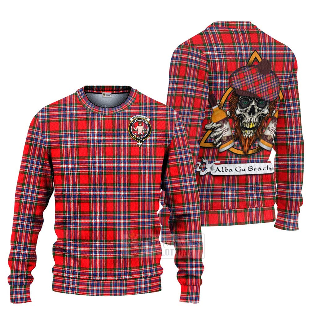 Tartan Vibes Clothing MacFarlane (McFarlane) Tartan Knitted Sweater with Family Crest and Bearded Skull Holding Bottles of Whiskey