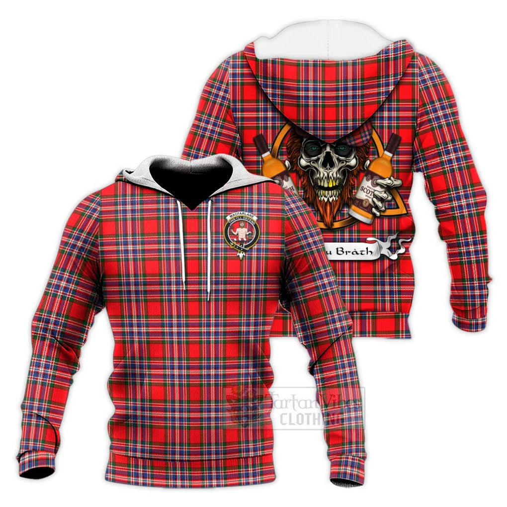 Tartan Vibes Clothing MacFarlane (McFarlane) Tartan Knitted Hoodie with Family Crest and Bearded Skull Holding Bottles of Whiskey