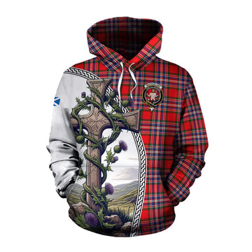 MacFarlane (McFarlane) Tartan Cotton Hoodie with Family Crest and St. Andrew's Cross Accented by Thistle Vines