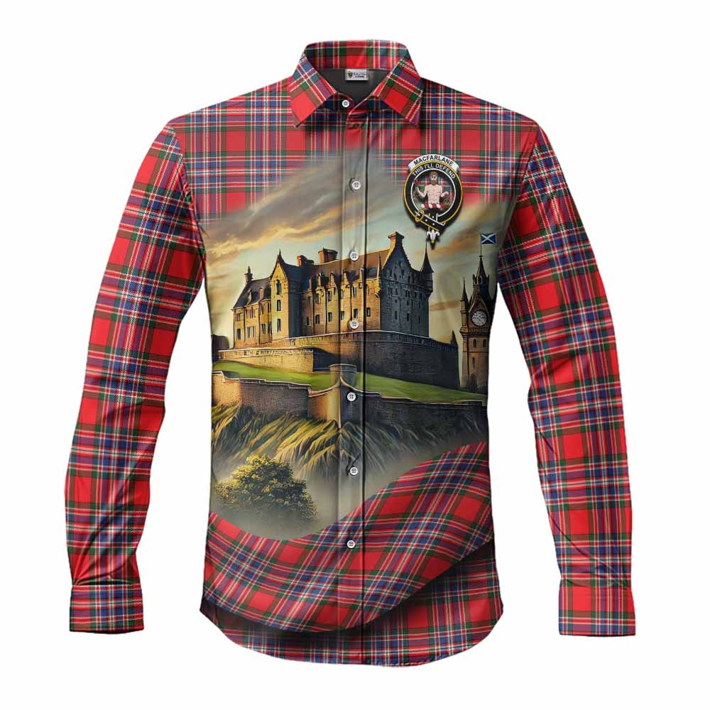 MacFarlane (McFarlane) Tartan Family Crest Long Sleeve Button Shirt with Scottish Ancient Castle Style Men's Shirt S - Tartan Vibes Clothing