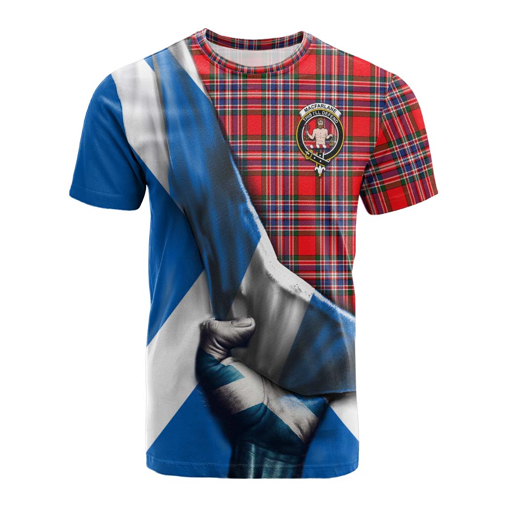 Tartan Vibes Clothing MacFarlane (McFarlane) Tartan Cotton T-shirt with Family Crest Scotland Patriotic Style