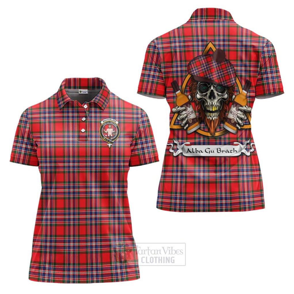 Tartan Vibes Clothing MacFarlane (McFarlane) Tartan Women's Polo Shirt with Family Crest and Bearded Skull Holding Bottles of Whiskey