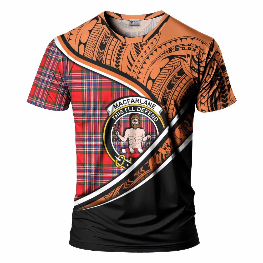 Tartan Vibes Clothing MacFarlane (McFarlane) Crest Tartan T-Shirt with Maori Tattoo Style - Orange Version