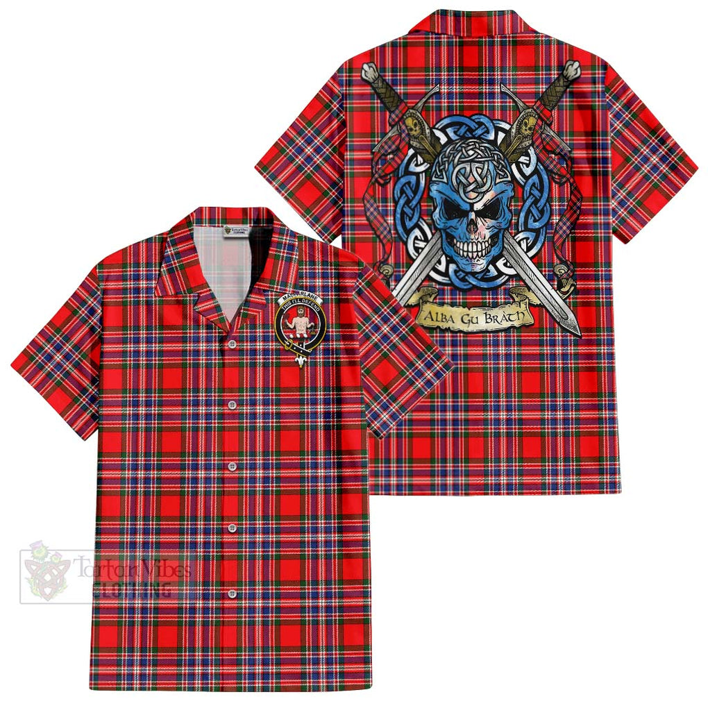 Tartan Vibes Clothing MacFarlane (McFarlane) Tartan Short Sleeve Button Shirt with Family Crest Celtic Skull Style