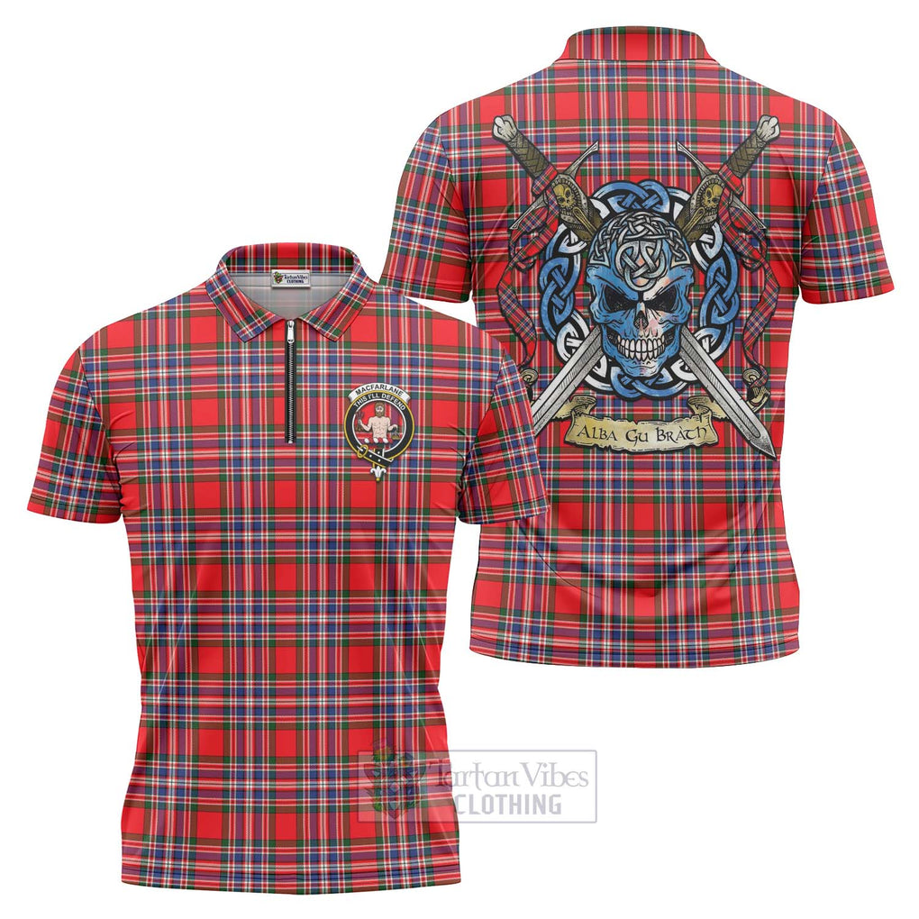 Tartan Vibes Clothing MacFarlane (McFarlane) Tartan Zipper Polo Shirt with Family Crest Celtic Skull Style