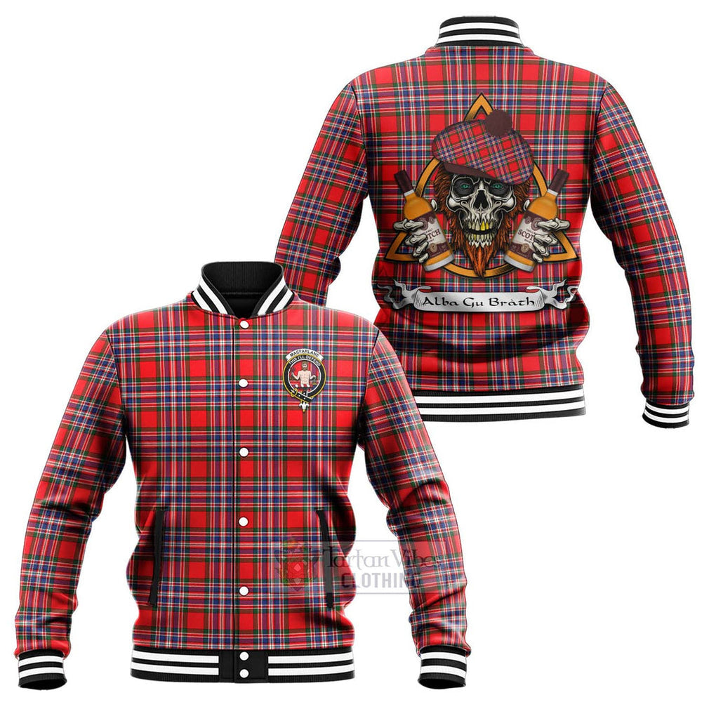 Tartan Vibes Clothing MacFarlane (McFarlane) Tartan Baseball Jacket with Family Crest and Bearded Skull Holding Bottles of Whiskey