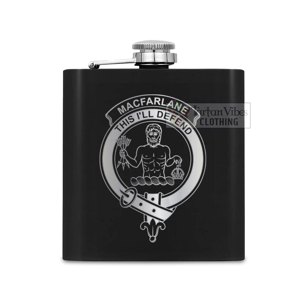 Tartan Vibes Clothing MacFarlane (McFarlane) Crest Hip Flask Set 7oz Black Stainless Steel with A Gift Box