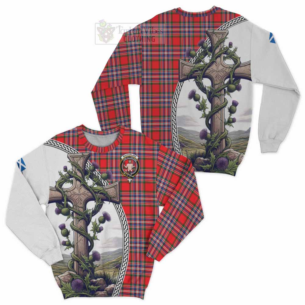 Tartan Vibes Clothing MacFarlane (McFarlane) Tartan Sweatshirt with Family Crest and St. Andrew's Cross Accented by Thistle Vines