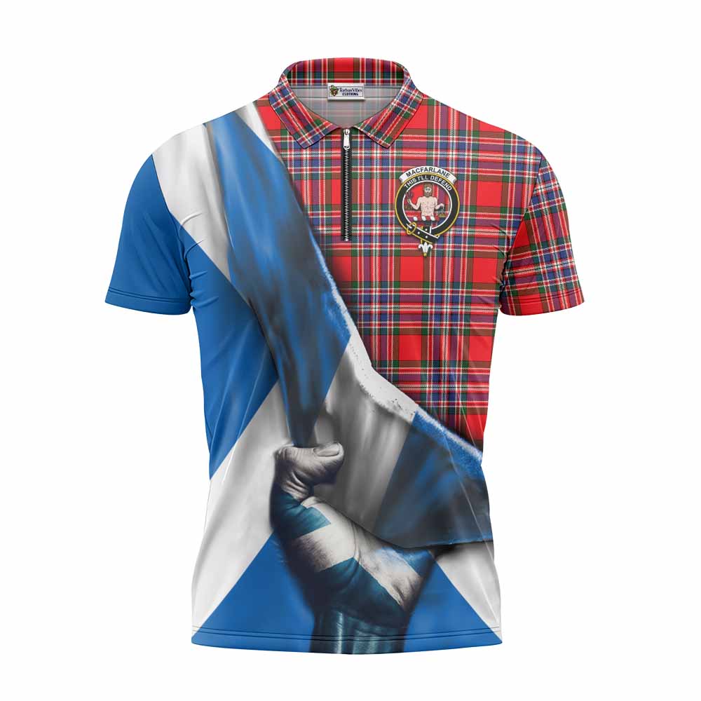 Tartan Vibes Clothing MacFarlane (McFarlane) Tartan Zipper Polo Shirt with Family Crest Scotland Patriotic Style