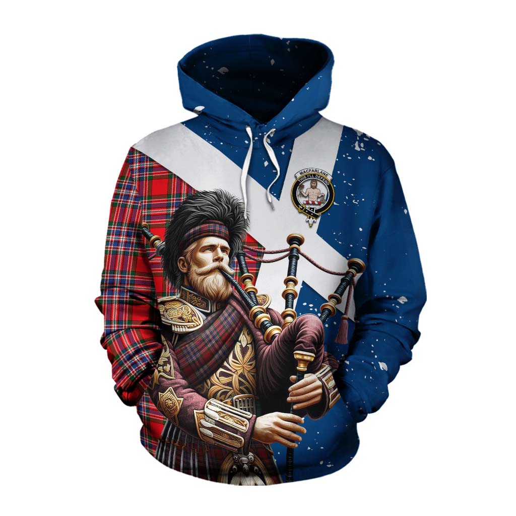 Tartan Vibes Clothing MacFarlane (McFarlane) Tartan Cotton Hoodie with Family Crest Scottish Bagpiper Vibes