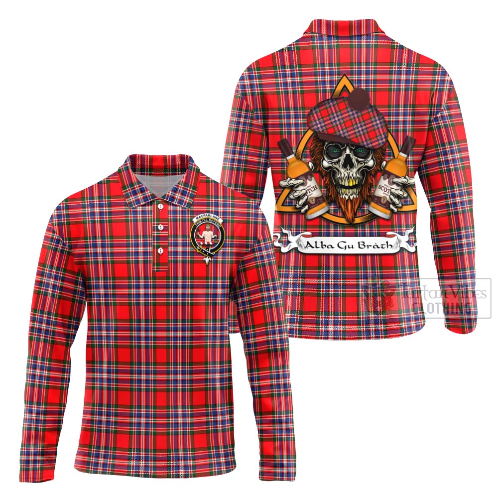 Tartan Vibes Clothing MacFarlane (McFarlane) Tartan Long Sleeve Polo Shirt with Family Crest and Bearded Skull Holding Bottles of Whiskey