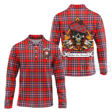 MacFarlane (McFarlane) Tartan Long Sleeve Polo Shirt with Family Crest and Bearded Skull Holding Bottles of Whiskey