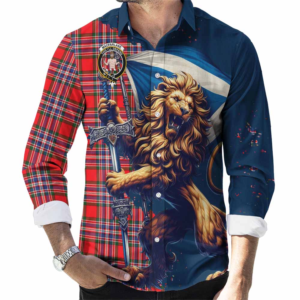 Tartan Vibes Clothing MacFarlane (McFarlane) Tartan Family Crest Long Sleeve Button Shirt with Scottish Majestic Lion