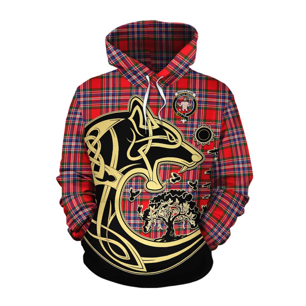 Tartan Vibes Clothing MacFarlane (McFarlane) Tartan Cotton Hoodie with Family Crest Celtic Wolf Style