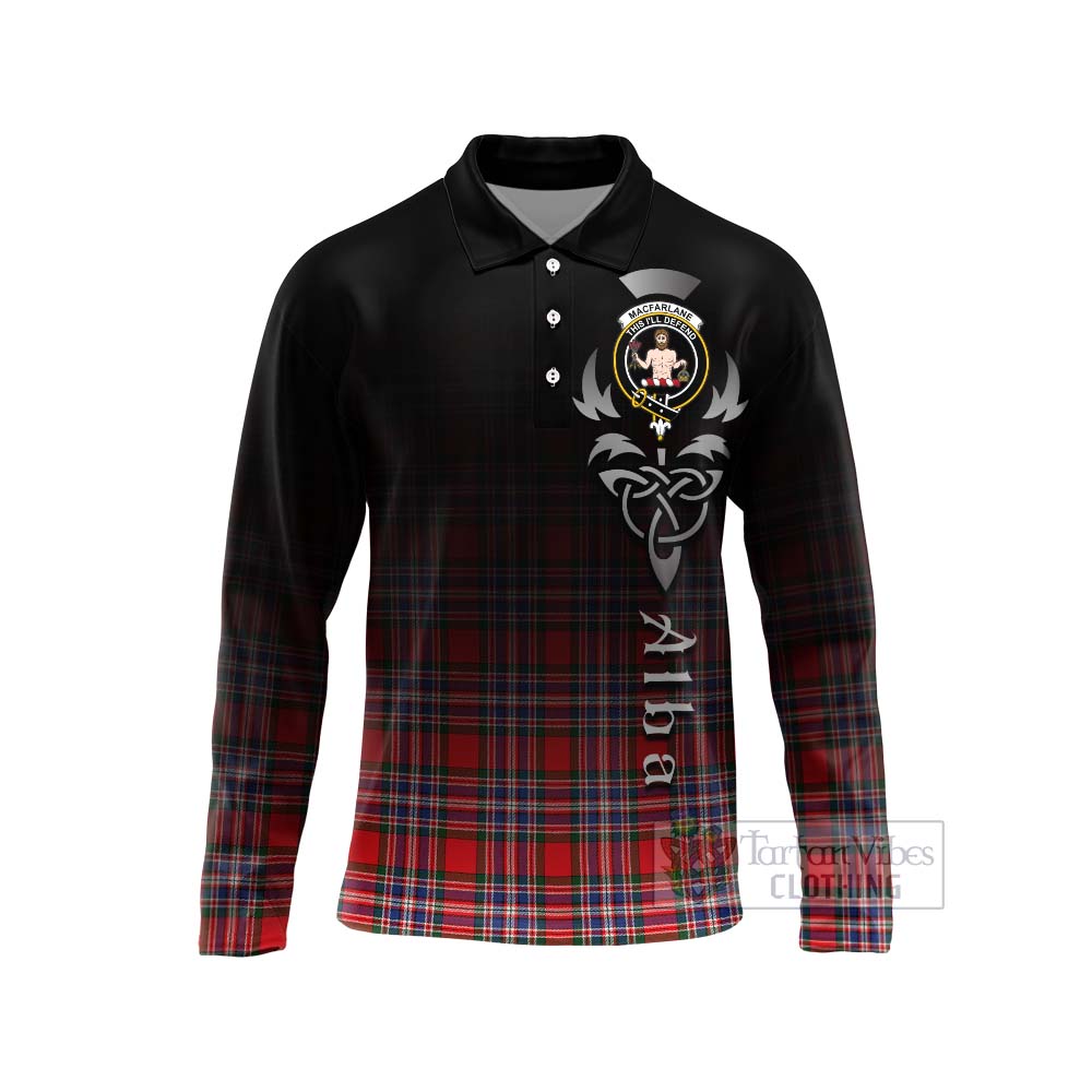 Tartan Vibes Clothing MacFarlane (McFarlane) Tartan Long Sleeve Polo Shirt Featuring Alba Gu Brath Family Crest Celtic Inspired