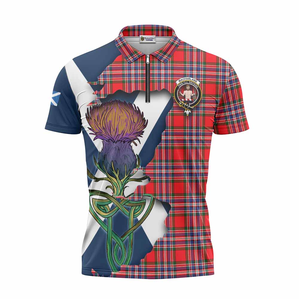 MacFarlane (McFarlane) Tartan Family Crest Zipper Polo Shirt Scottish Thistle Celtic Inspired Unisex - Tartan Vibes Clothing