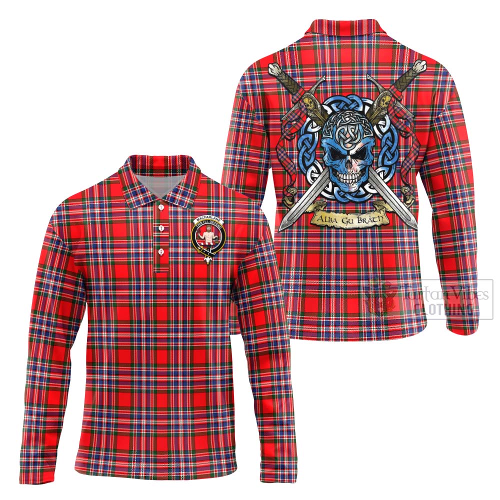 Tartan Vibes Clothing MacFarlane (McFarlane) Tartan Long Sleeve Polo Shirt with Family Crest Celtic Skull Style