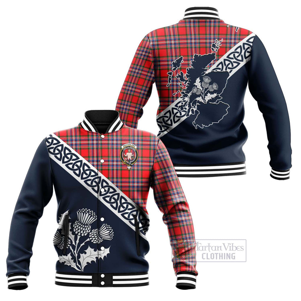 Tartan Vibes Clothing MacFarlane (McFarlane) Tartan Baseball Jacket Featuring Thistle and Scotland Map