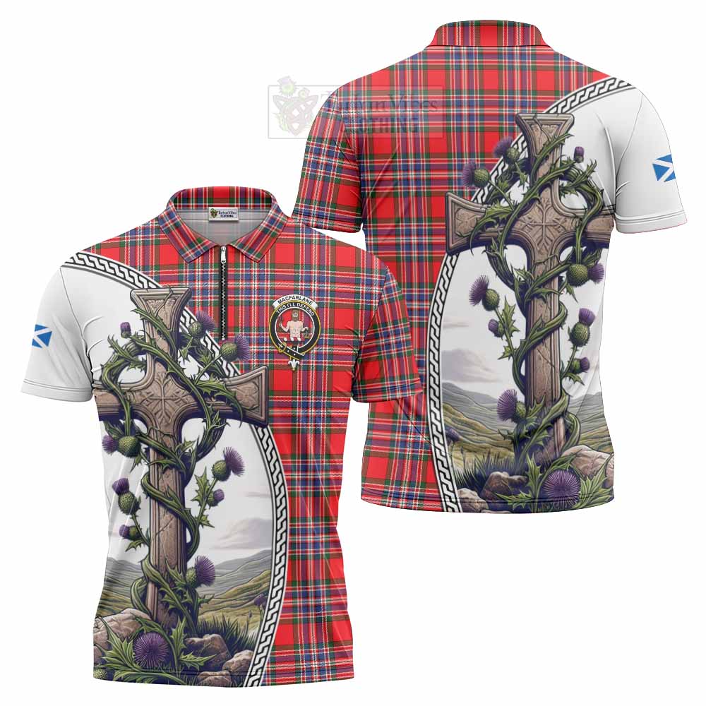 Tartan Vibes Clothing MacFarlane (McFarlane) Tartan Zipper Polo Shirt with Family Crest and St. Andrew's Cross Accented by Thistle Vines