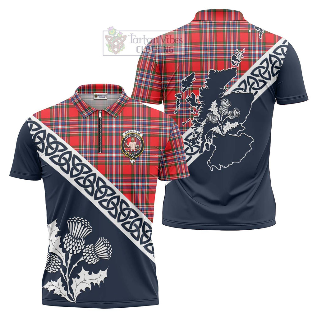 Tartan Vibes Clothing MacFarlane (McFarlane) Tartan Zipper Polo Shirt Featuring Thistle and Scotland Map