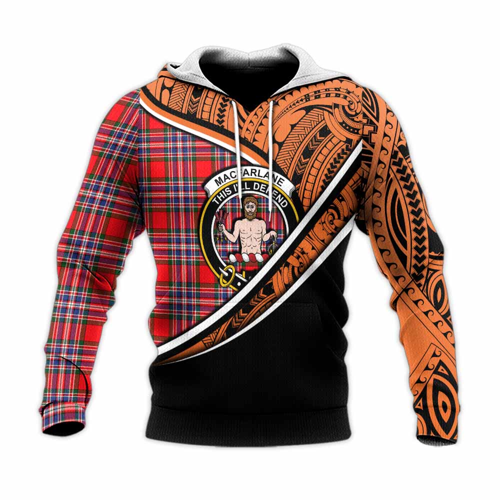 Tartan Vibes Clothing MacFarlane (McFarlane) Crest Tartan Knitted Hoodie with Maori Tattoo Style - Orange Version