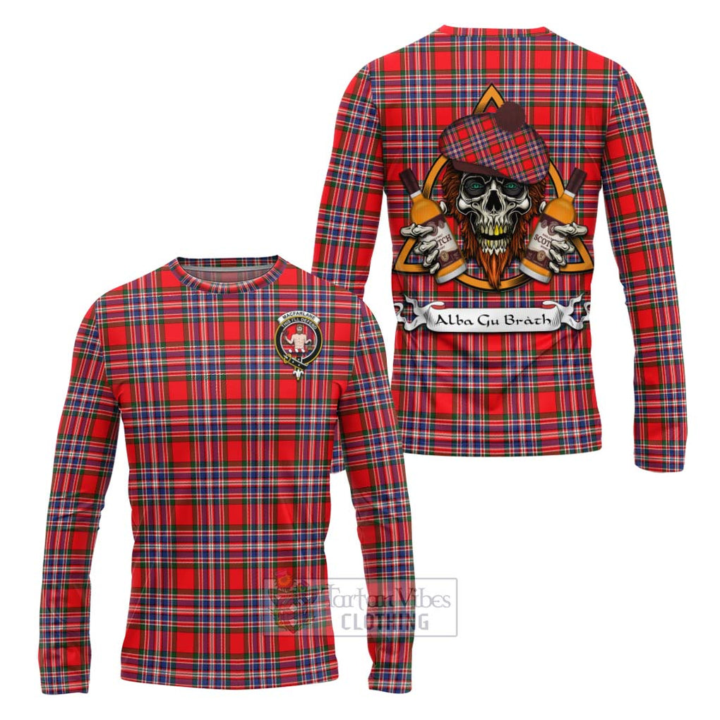 Tartan Vibes Clothing MacFarlane (McFarlane) Tartan Long Sleeve T-Shirt with Family Crest and Bearded Skull Holding Bottles of Whiskey