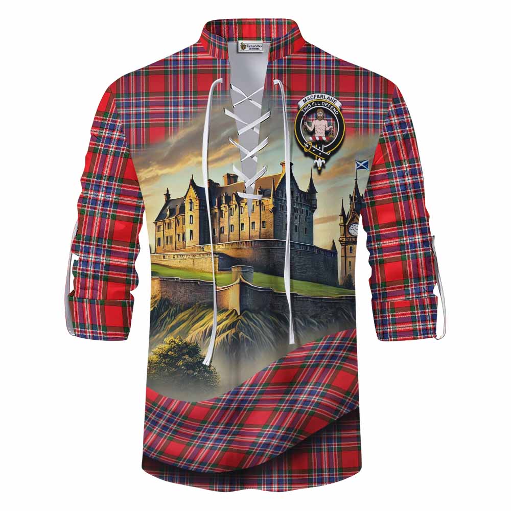 MacFarlane (McFarlane) Tartan Family Crest Ghillie Kilt Shirt with Scottish Ancient Castle Style Men - Tartan Vibes Clothing