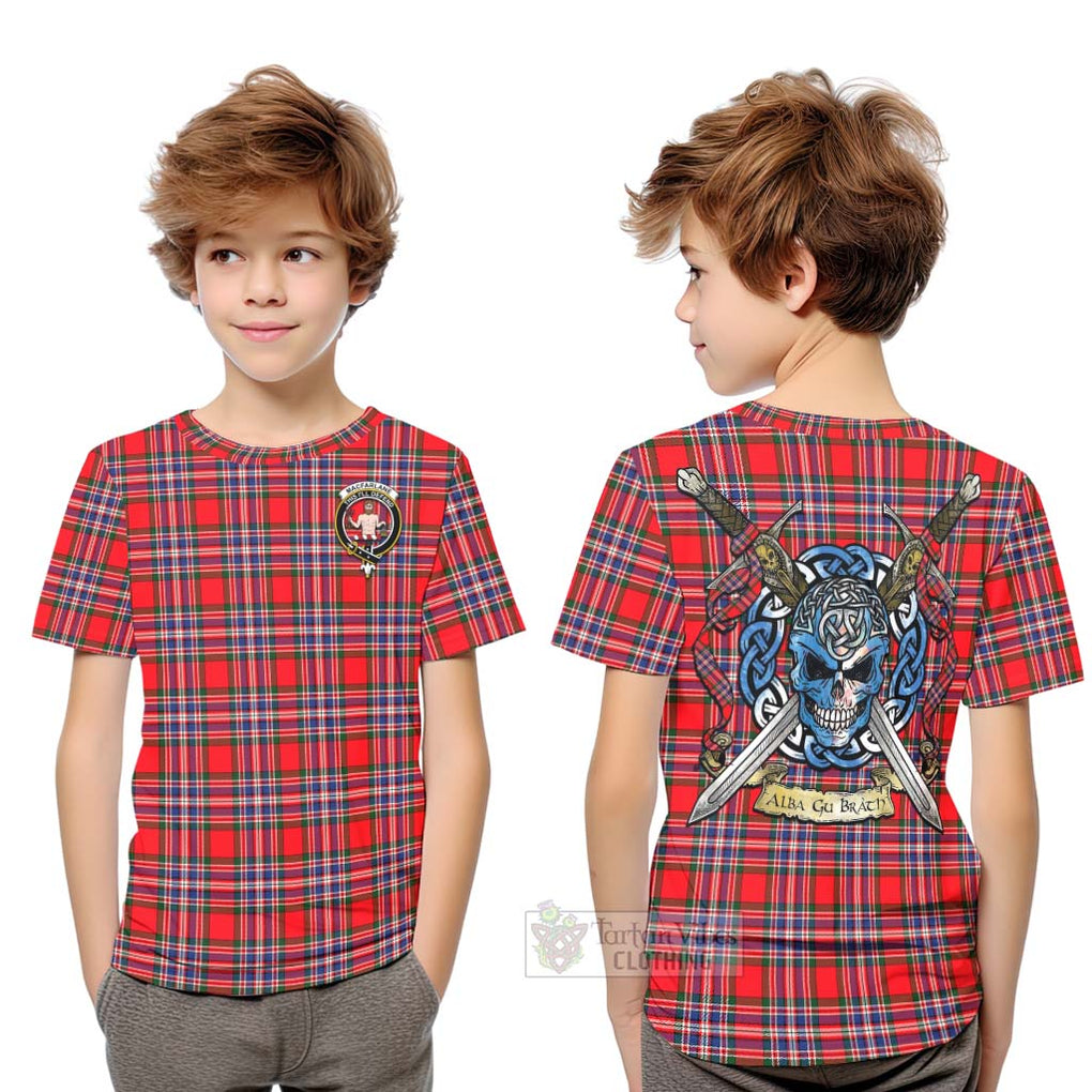 Tartan Vibes Clothing MacFarlane (McFarlane) Tartan Kid T-Shirt with Family Crest Celtic Skull Style