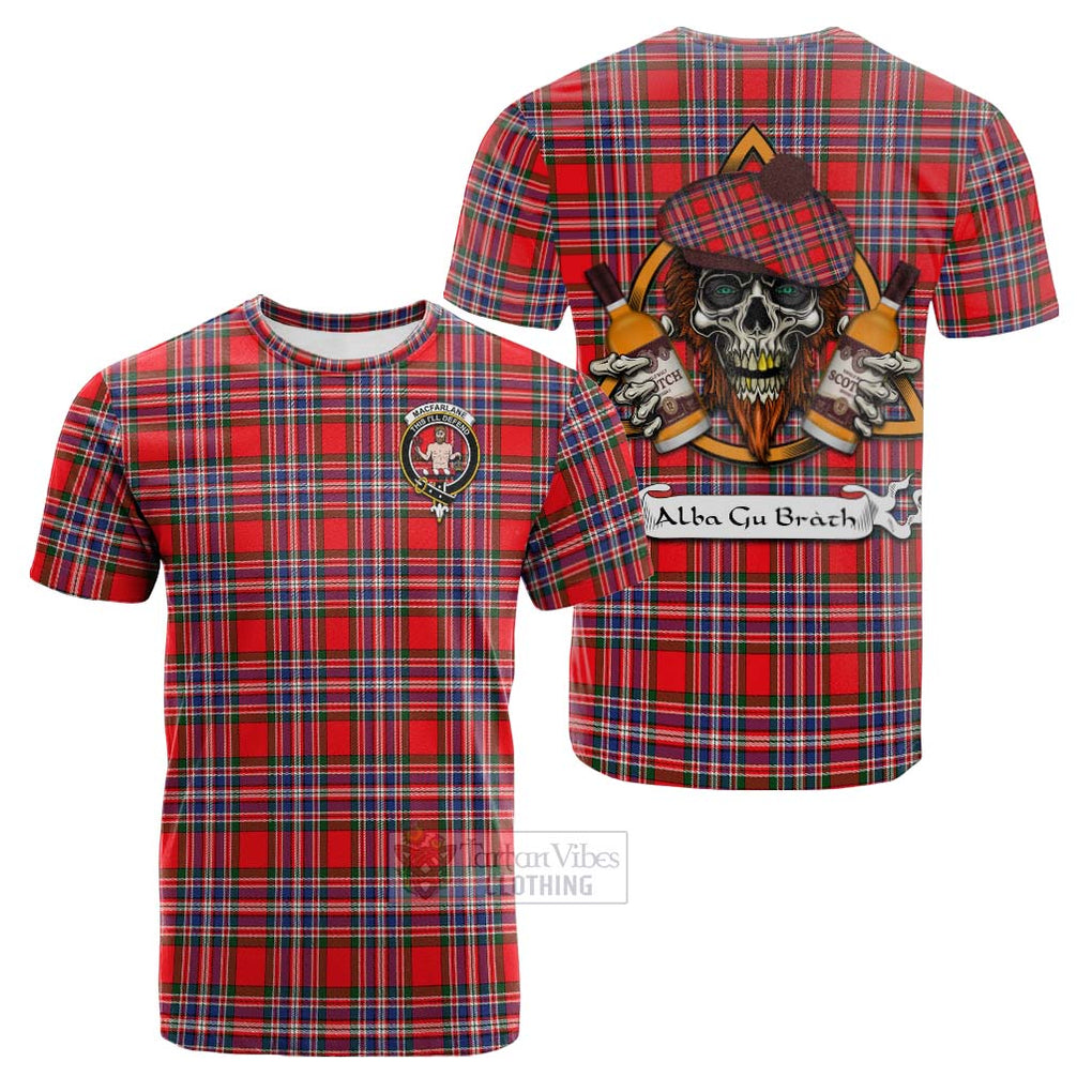 Tartan Vibes Clothing MacFarlane (McFarlane) Tartan Cotton T-shirt with Family Crest and Bearded Skull Holding Bottles of Whiskey