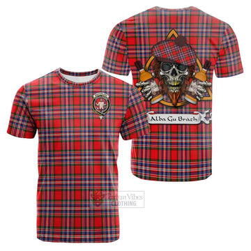 MacFarlane (McFarlane) Tartan Cotton T-shirt with Family Crest and Bearded Skull Holding Bottles of Whiskey