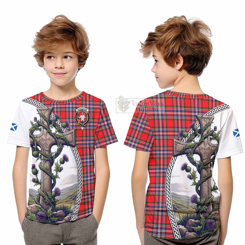 Tartan Vibes Clothing MacFarlane (McFarlane) Tartan Kid T-Shirt with Family Crest and St. Andrew's Cross Accented by Thistle Vines