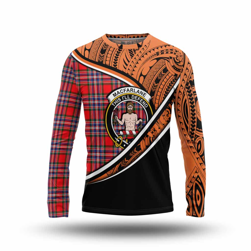 Tartan Vibes Clothing MacFarlane (McFarlane) Crest Tartan Long Sleeve T-Shirt with Maori Tattoo Style - Orange Version